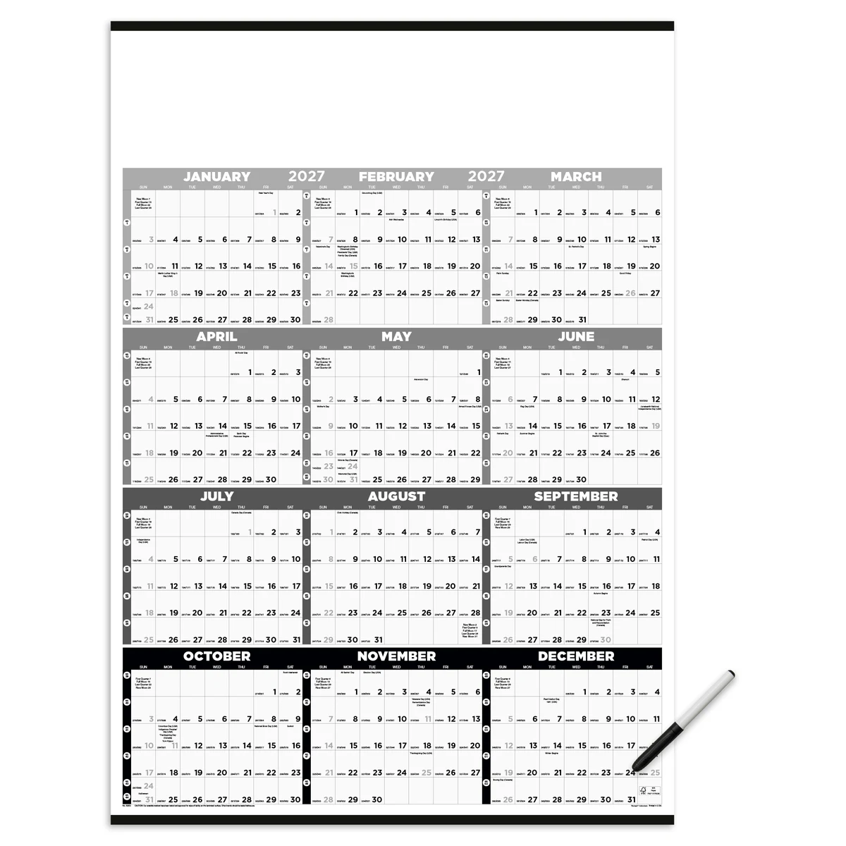 Triumph® Calendars Black & White Time Management Span-A-Year Laminated w/Marker Calendar 1