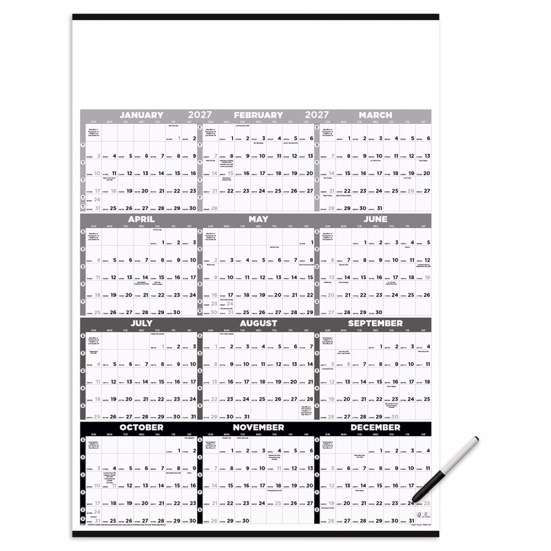 Triumph® Calendars Black & White Time Management Span-A-Year Laminated w/Marker Calendar
