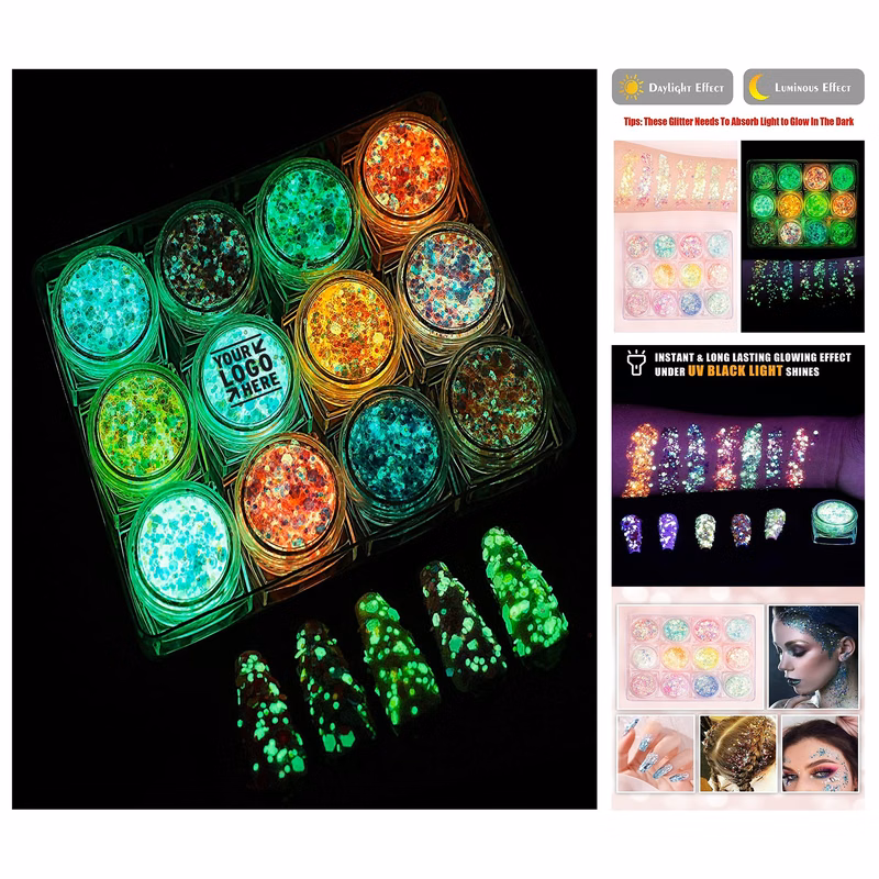 12 Colors Luminous Body Face Makeup Self-Adhesive UV Light Iridescent Glow in The Dark Glitter Gel