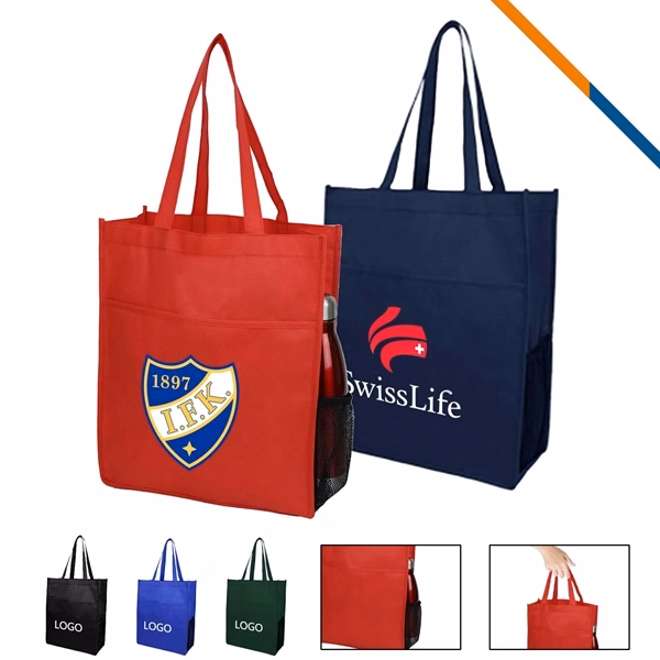 Custom 15" Non-Woven Tote with 20" Handles & Mesh Pocket — Heavy Duty Shopping