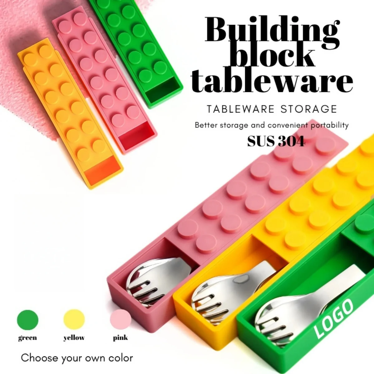 304 Stainless Steel Building Block Kids Spoon Fork Set 1