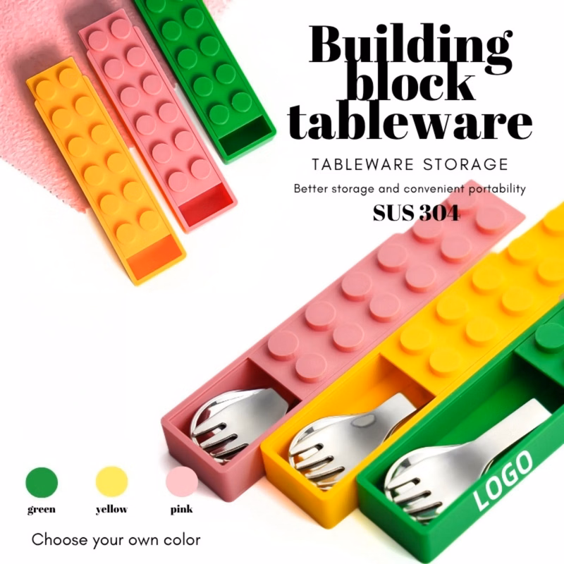 304 Stainless Steel Building Block Kids Spoon Fork Set