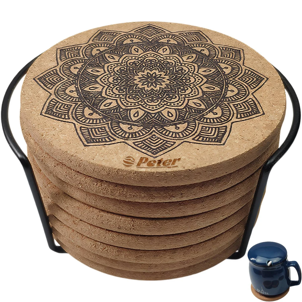 8PCS Pattern Round Cork Coasters with Holder 1