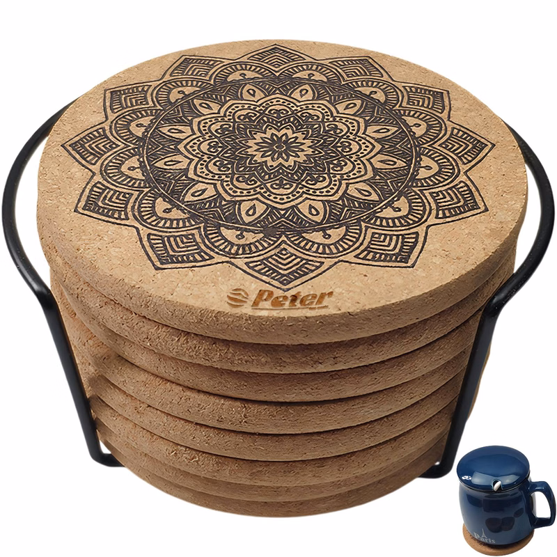 8PCS Pattern Round Cork Coasters with Holder