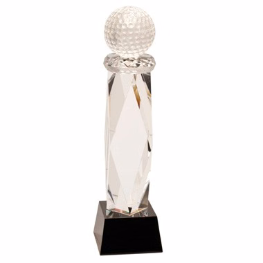 11" Crystal Golf Ball on facet Column w/ Black Base