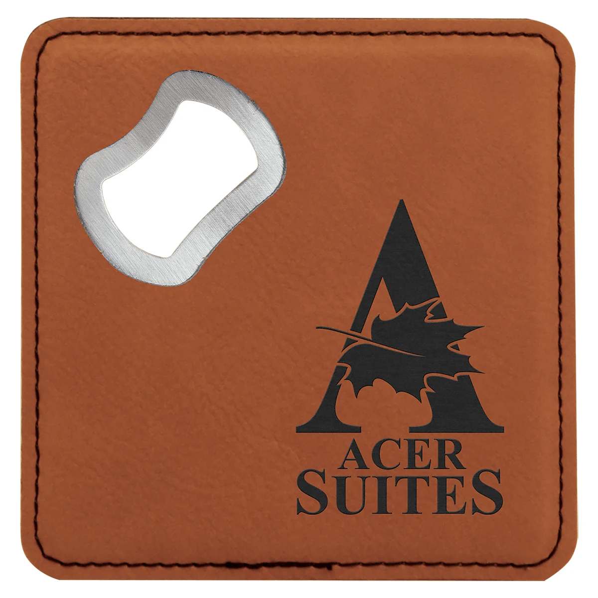 4" x 4" Square Rawhide Leatherette Coaster w/ Bottle Opener 1