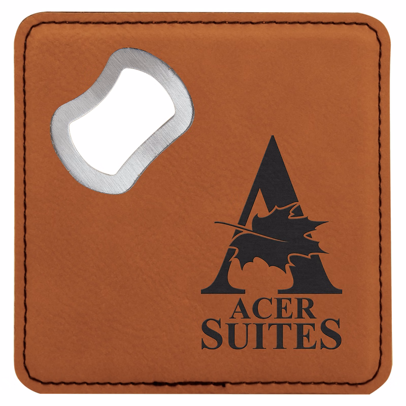 4" x 4" Square Rawhide Leatherette Coaster w/ Bottle Opener