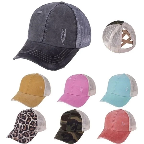 Washed Cotton Ponytail Baseball Mesh Cap 1