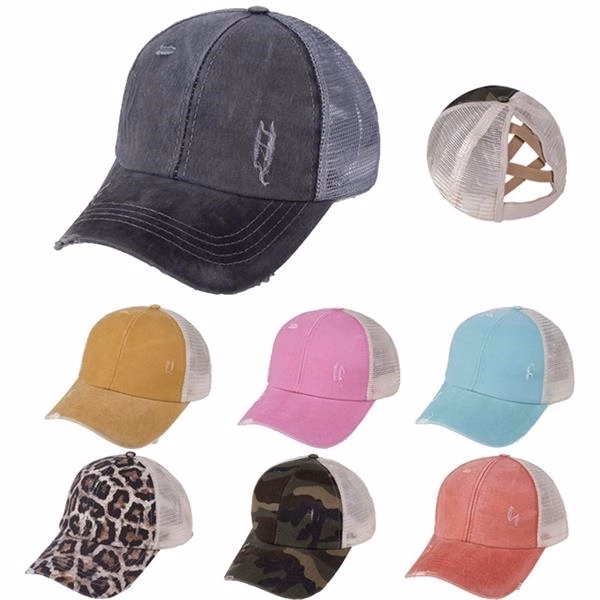 Washed Cotton Ponytail Baseball Mesh Cap