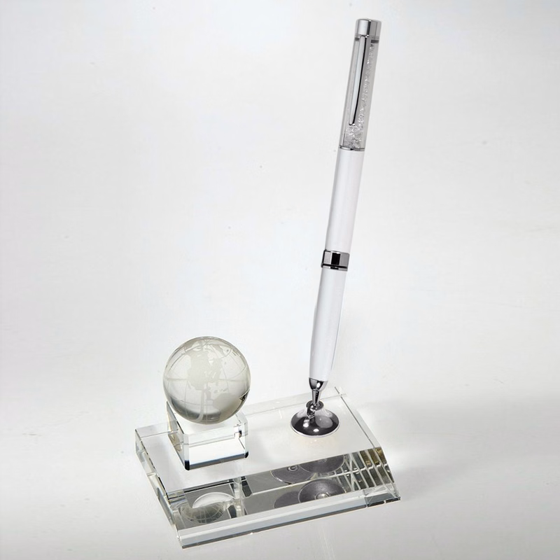 Desktop Award-Crystal Globe Pen Set w/White Ballpoint Pen