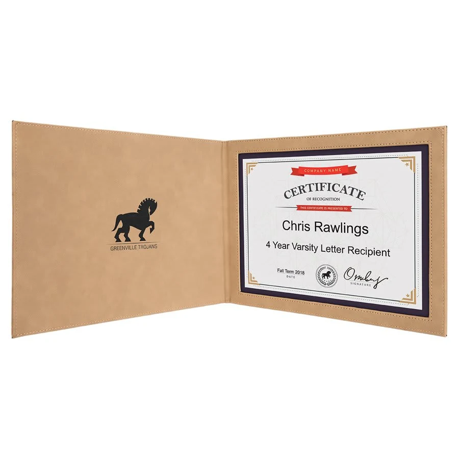 9" x 12" Light Brown/Black Leatherette Certificate Holder for 8 1/2" X 11 1