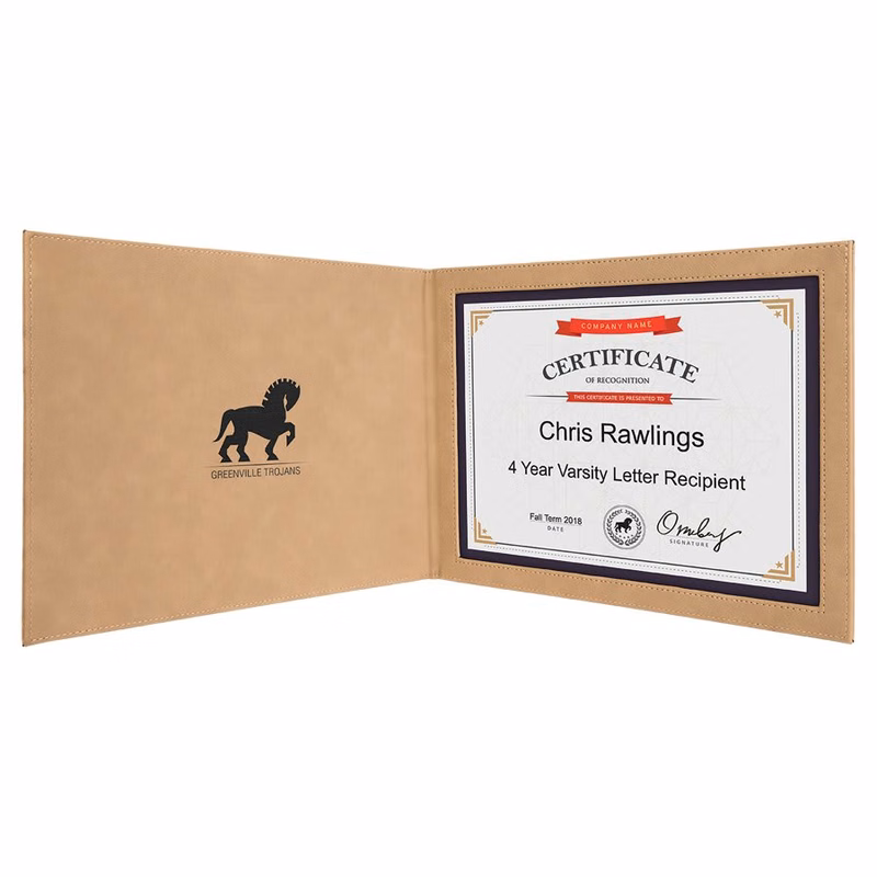 9" x 12" Light Brown/Black Leatherette Certificate Holder for 8 1/2" X 11
