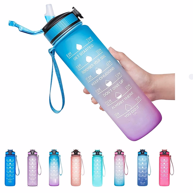 32Oz Water Bottle With Time Marker & Straw