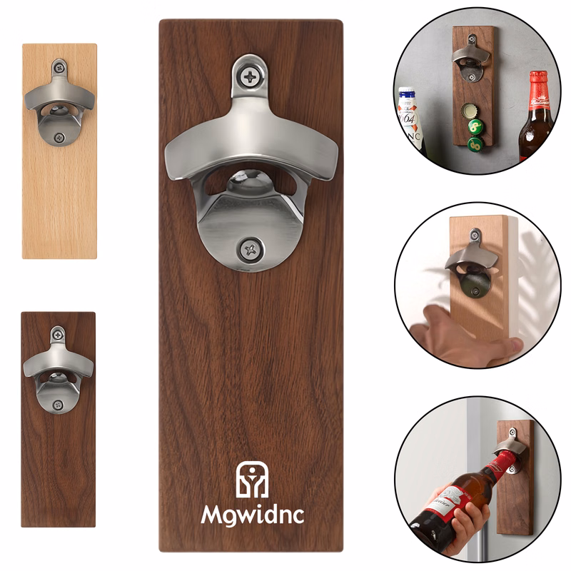 Walnut Wood Beer Bottle Opener with Magnetic Fridge Mount