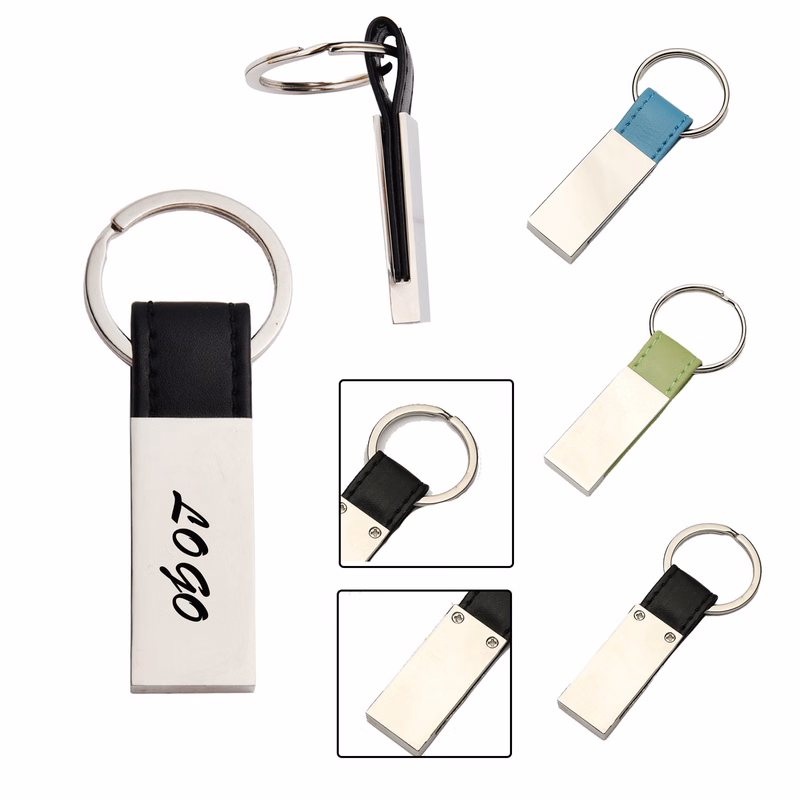 Metal Plate Key Fob with Leather Loop