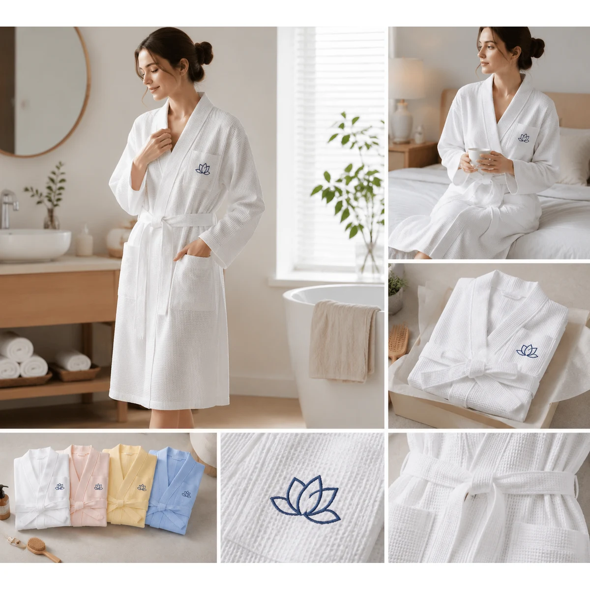 Waffle Bathrobe Cotton Long Sleeve Tie Belt 1