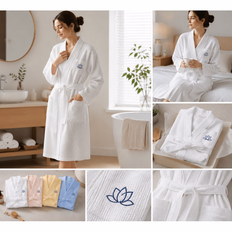 Waffle Bathrobe Cotton Long Sleeve Tie Belt