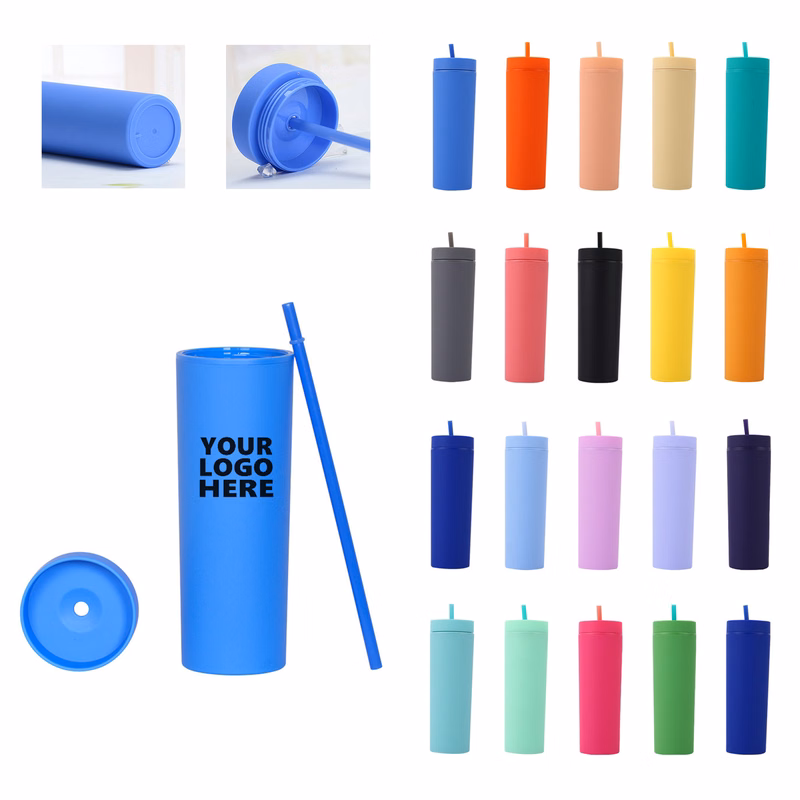 16oz Customizable Plastic slim Cups with Lid and Straw