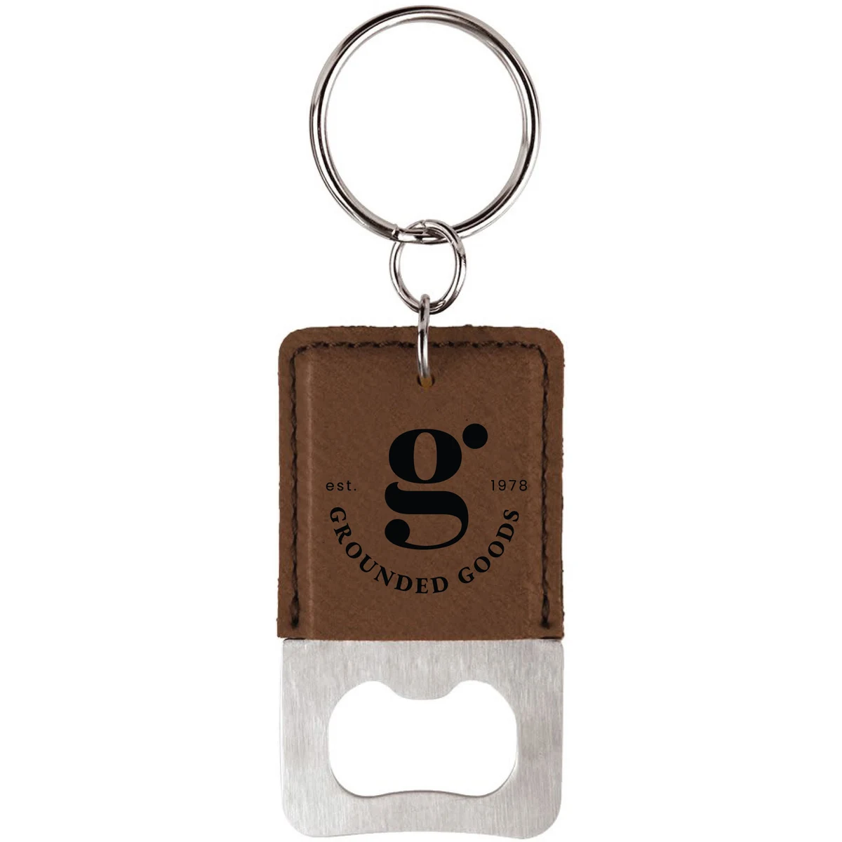 Dark Brown Rectangle Leatherette Bottle Opener Keychain 1