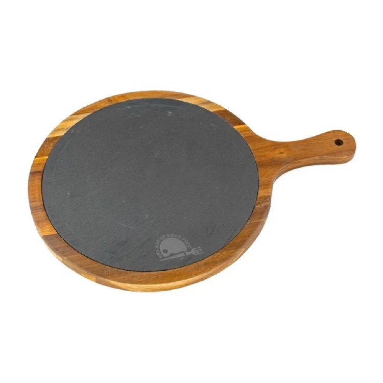 Large Flair Round Acacia Wood & Slate Serving Board w/Handle 1