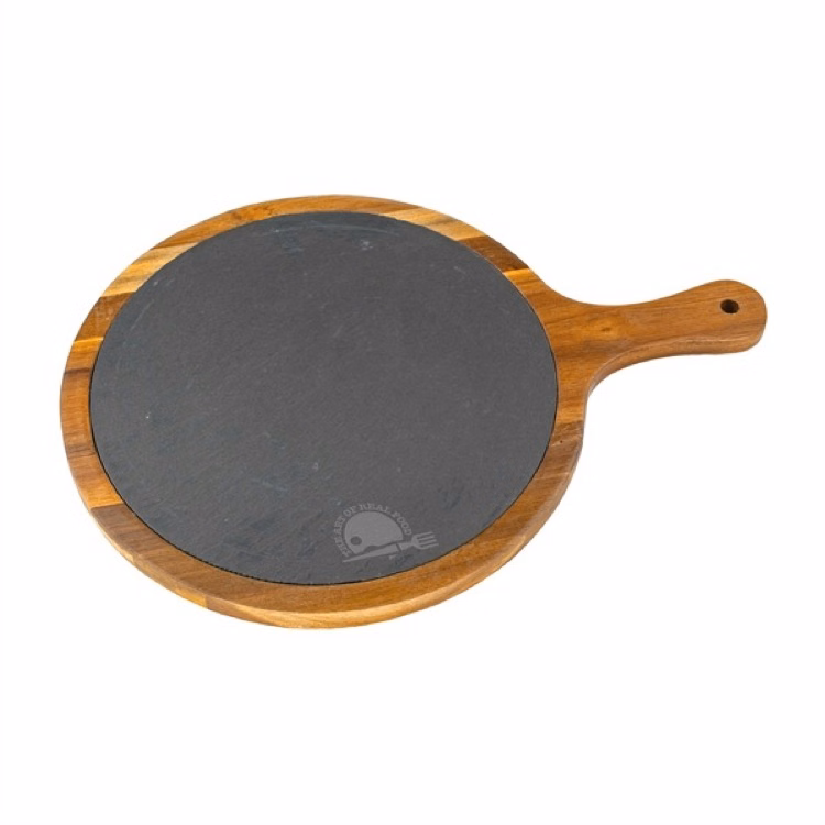 Large Flair Round Acacia Wood & Slate Serving Board w/Handle