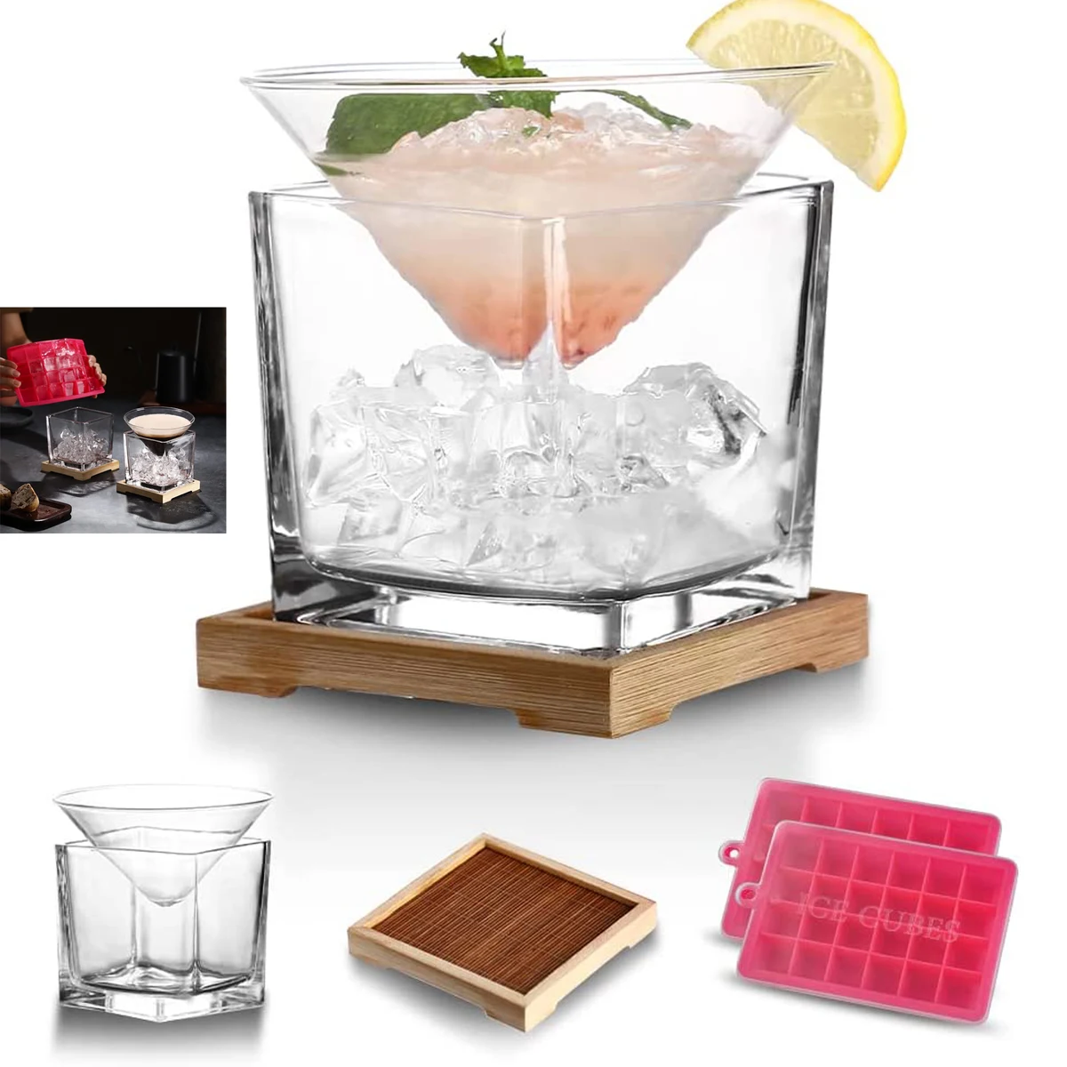Set of 2 Stemless Martini Glasses with Ice Bowl 1