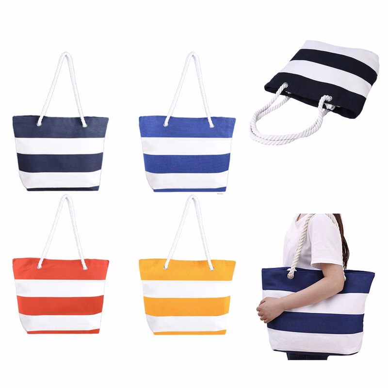 Striped Canvas Tote w/Rope Handle