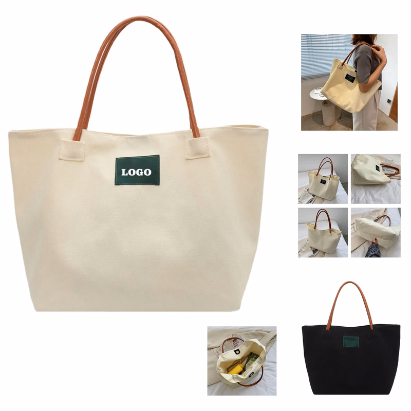Canvas Tote Bag With Leather Handle