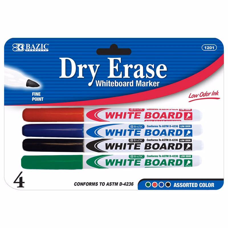 Fine Tip Dry-Erase Markers - 4 Pack Assorted Colors