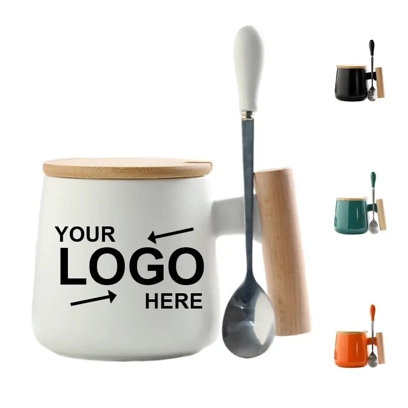 12 Oz Ceramic Coffee Mug With Wooden Lid Spoon 1