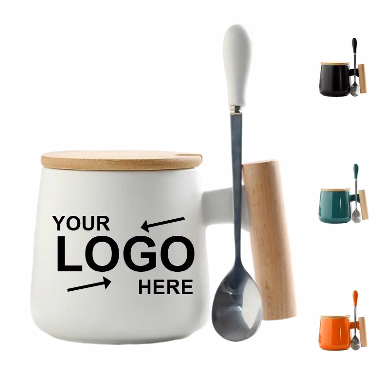 12 Oz Ceramic Coffee Mug With Wooden Lid Spoon