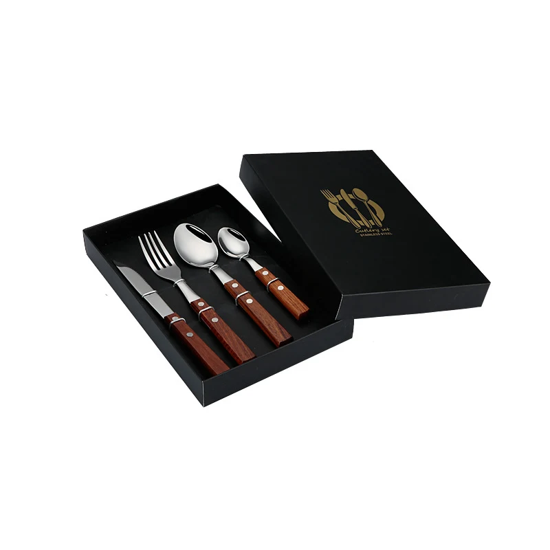 4 pcs Steak Knife Fork Spoon Set Wooden Handle 1