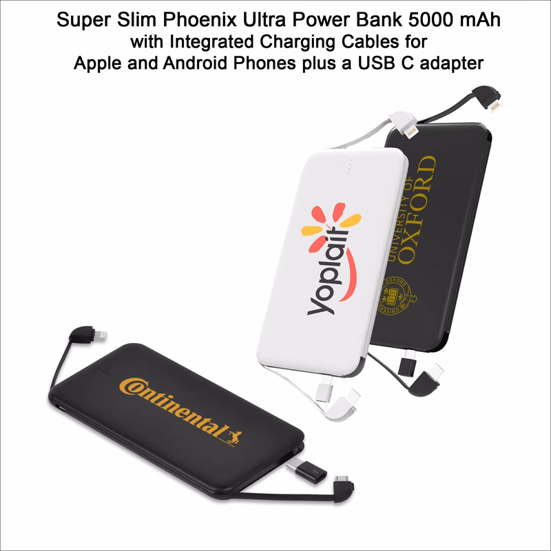 Super Slim Phoenix Ultra Power Bank- 5000 mAh - with integrated Charging Cables
