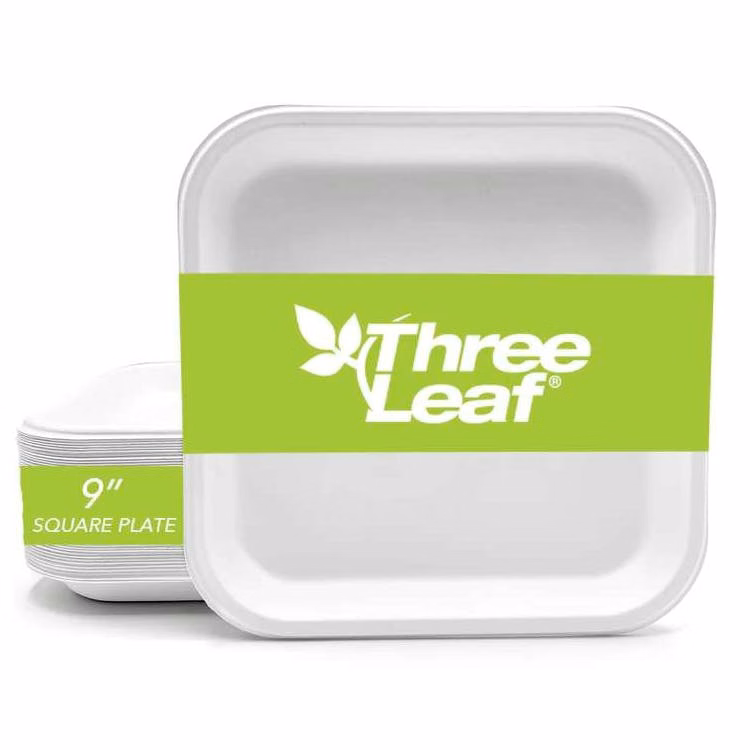 Three Leaf 9" Bagasse Square Plates 25 Pack