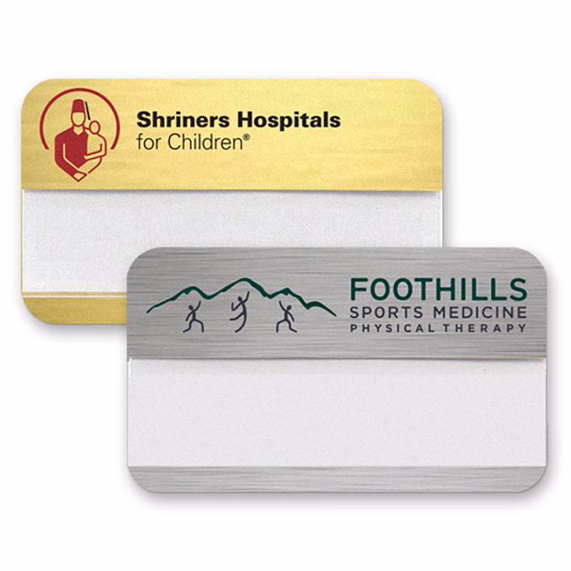 The Orion full color metallic reusable name badge 1.75" X3" with .75" window