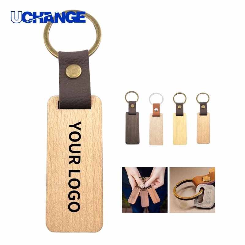 Leather Strap Wood Accent Key Ring Keychain 4.5" x 1.1"