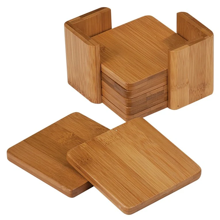 3 3/4" x 3 3/4" Bamboo Square 6-Coaster Set with Holder 1