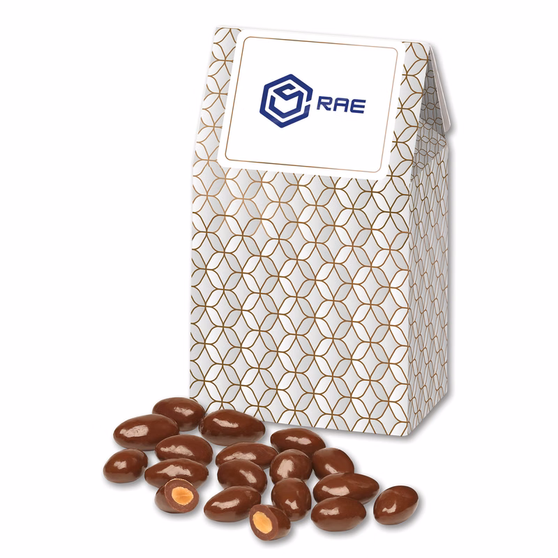 Chocolate Covered Almonds in Silver & Gold Geometric Gable Top Gift Box