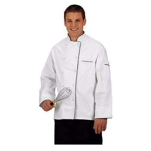 Premium 100% Cotton Chef Coat. 10 covered btns. Reg Length. Color White w blk piping Size -