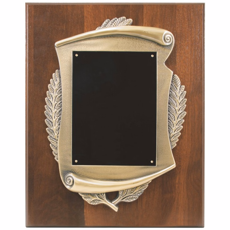 12" x 15" Walnut Step-Edge Plaque with Metal Scroll Frame.