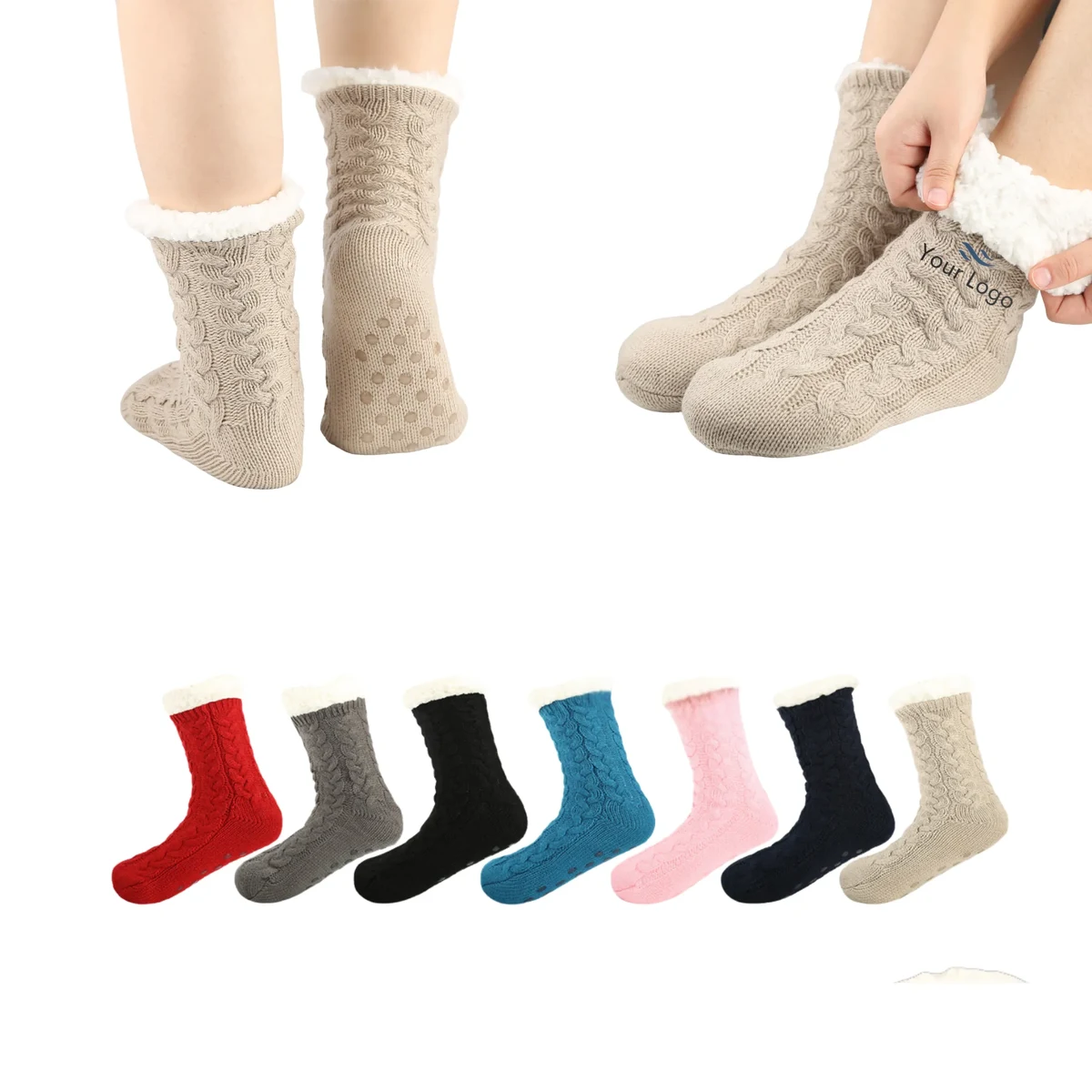 MOQ 50 Pairs Cozy Cable Knit Slipper Socks 1