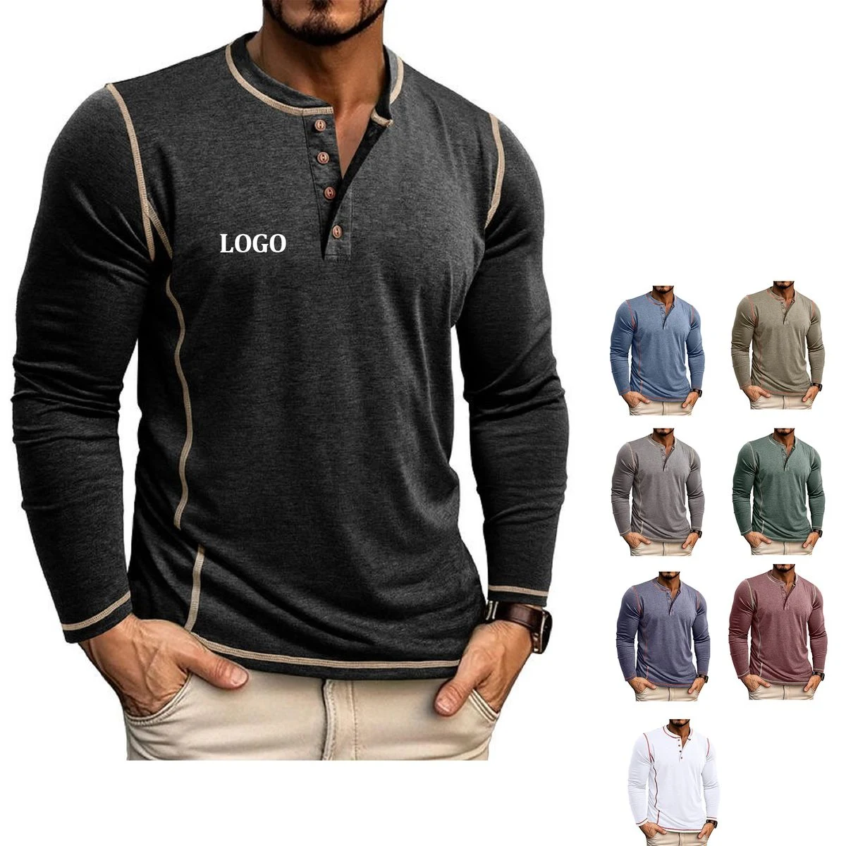 Neck Henley Men Shirts Long Sleeve Shirts 1