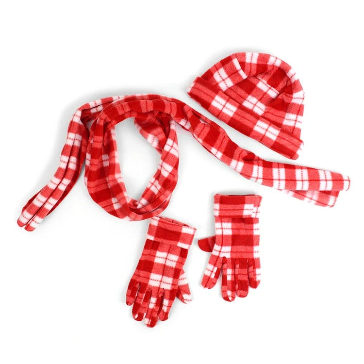 Women's Hat Gloves & Scarf Sets - Red Plaid Fleece 1