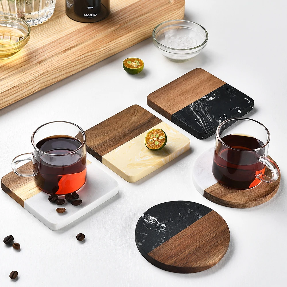 Square and Round Wood Marble Coasters 1