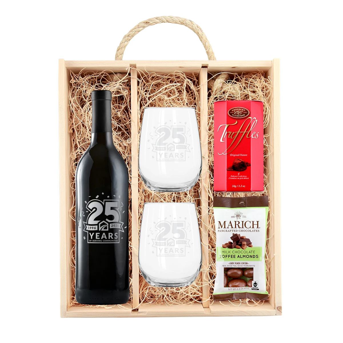 Rustic Laser-Engraved Wood Box w/ Etched Wine, Etched Glasses & Chocolates 1