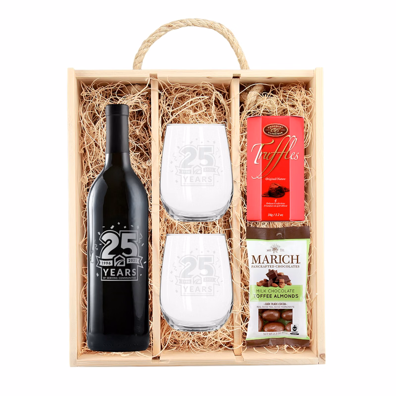 Rustic Laser-Engraved Wood Box w/ Etched Wine, Etched Glasses & Chocolates