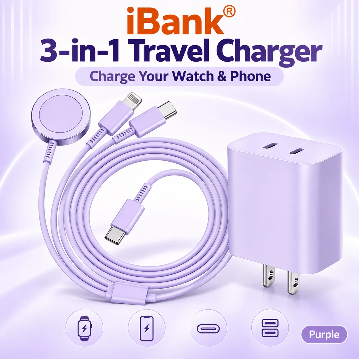 iBank® 3 in 1 USB C Compatible with Apple Watch Charger Magnetic Watch Fast Charging Cable Cord 1