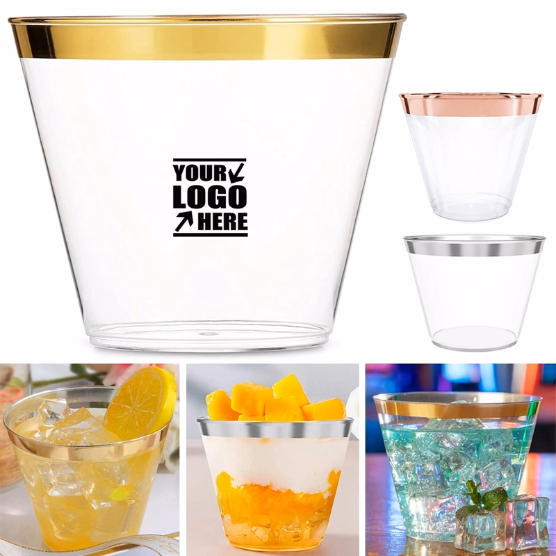 9Oz Clear Hard Plastic Cups With Golden Edge Decoration