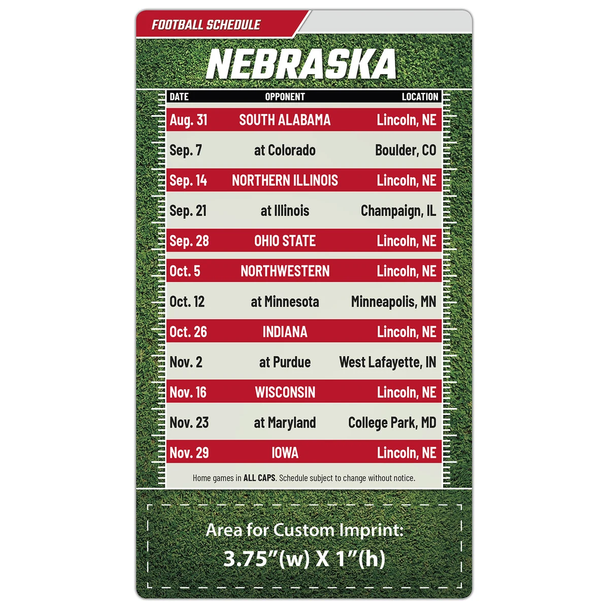Magnet Football Sport Schedules - 4x7 Round Corners - NEB 1