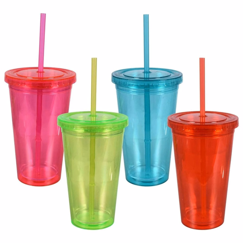 Plastic Double Wall Stadium Cups with Lid & Straw